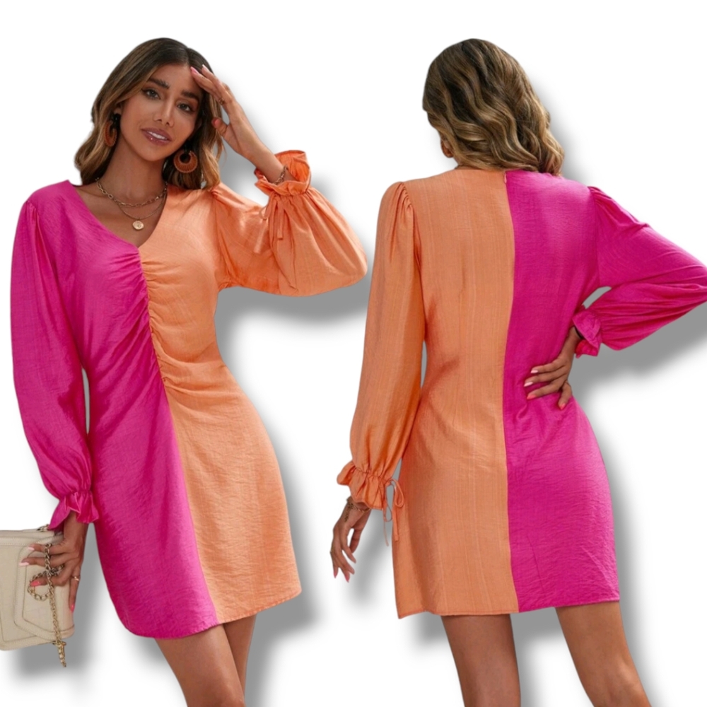 Women's Two Tones Flounce Sleeve Ruched Dress Pink/ Orange Peach